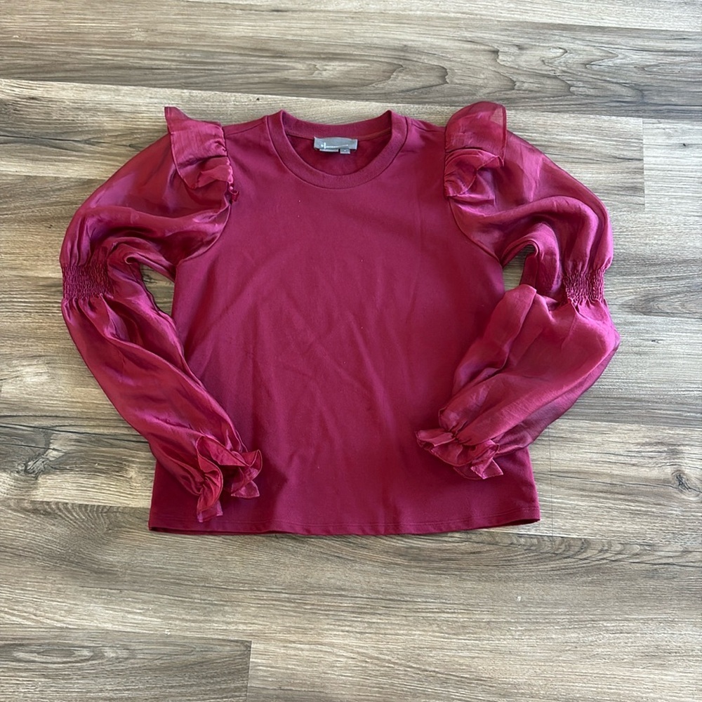 Womens Anthropologie Berry Red Ruffle Puff‎ Sleeve Blouse - Size Small Crew Neck